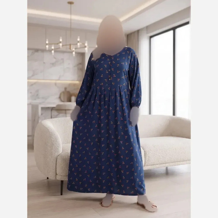 پیراهن گلدار نخی جلو دکمه دار بند کمر دار فری سایز