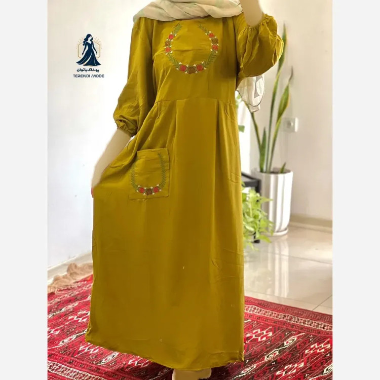 ساحلی گلدوزی تک جیب جنس نخ ململ رنگ زیتون قد 136