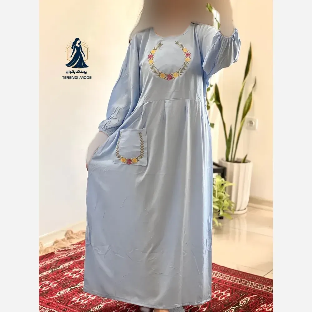 ساحلی گلدوزی تک جیب جنس نخ ململ رنگ زیتون قد 136