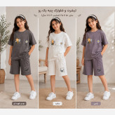 ست تیشرت و شلوارک دخترانه طرح زنبوری جنس پنبه لاکرا
