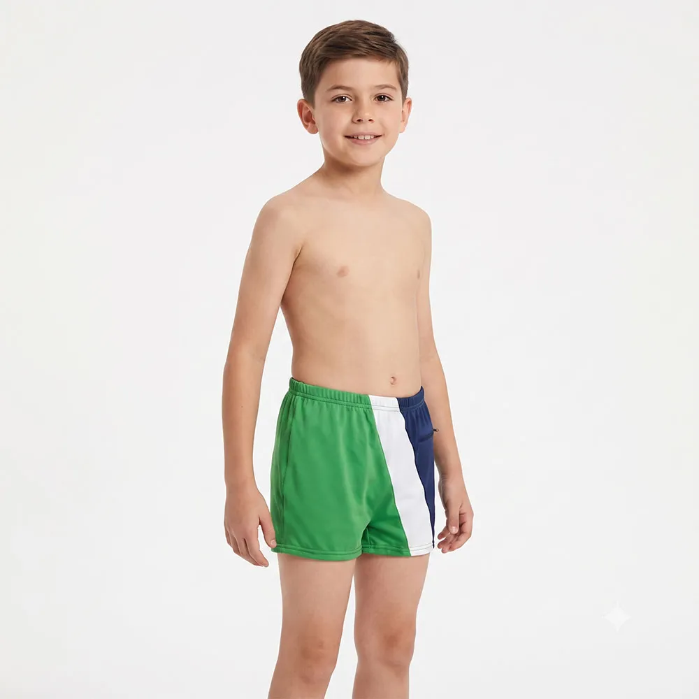 شورت مایو پسرانه سبز طرح پرچمی جذب داخل آستر سایز 4 تا 16 سال