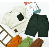 ست تیشرت و شلوارک پسرانه طرح بیسکویتی تک جیب