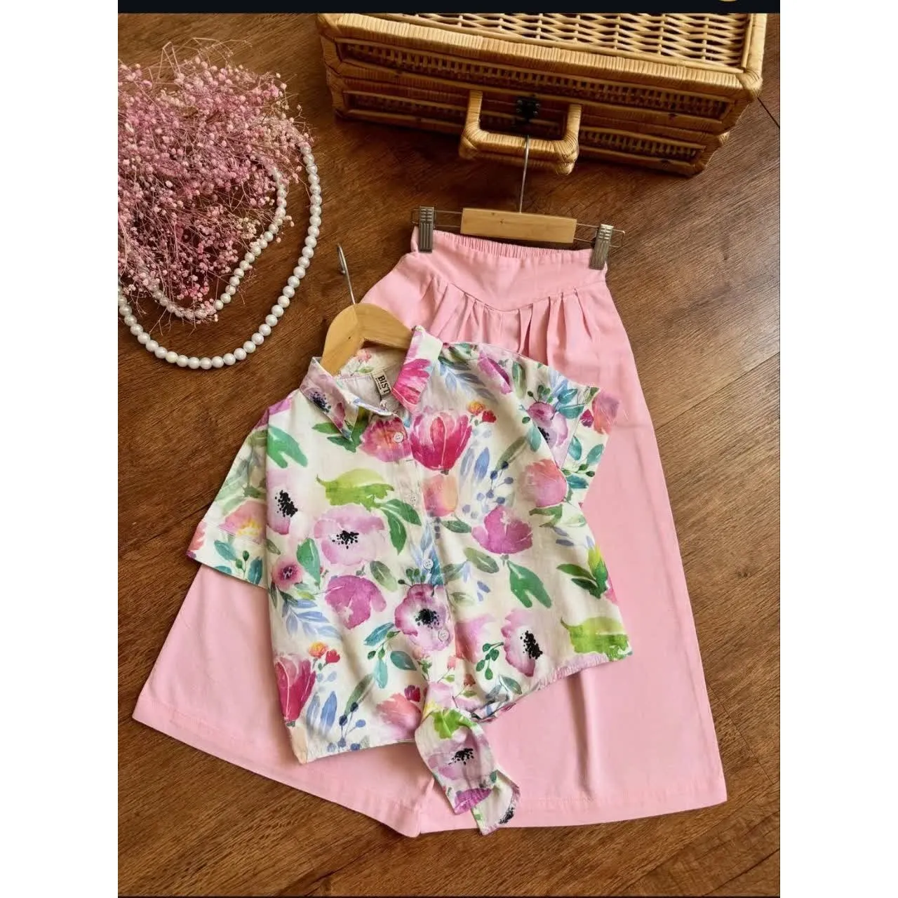 ست شومیز و دامن شلواری لینن طرح آبرنگی دخترانه سایز 6 تا 10 سال