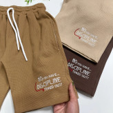 ست تیشرت شلوارک پسرانه و دخترانه بیسکوییتی سایز 50 تا 65 رنگ کرم خردلی قهوه ای