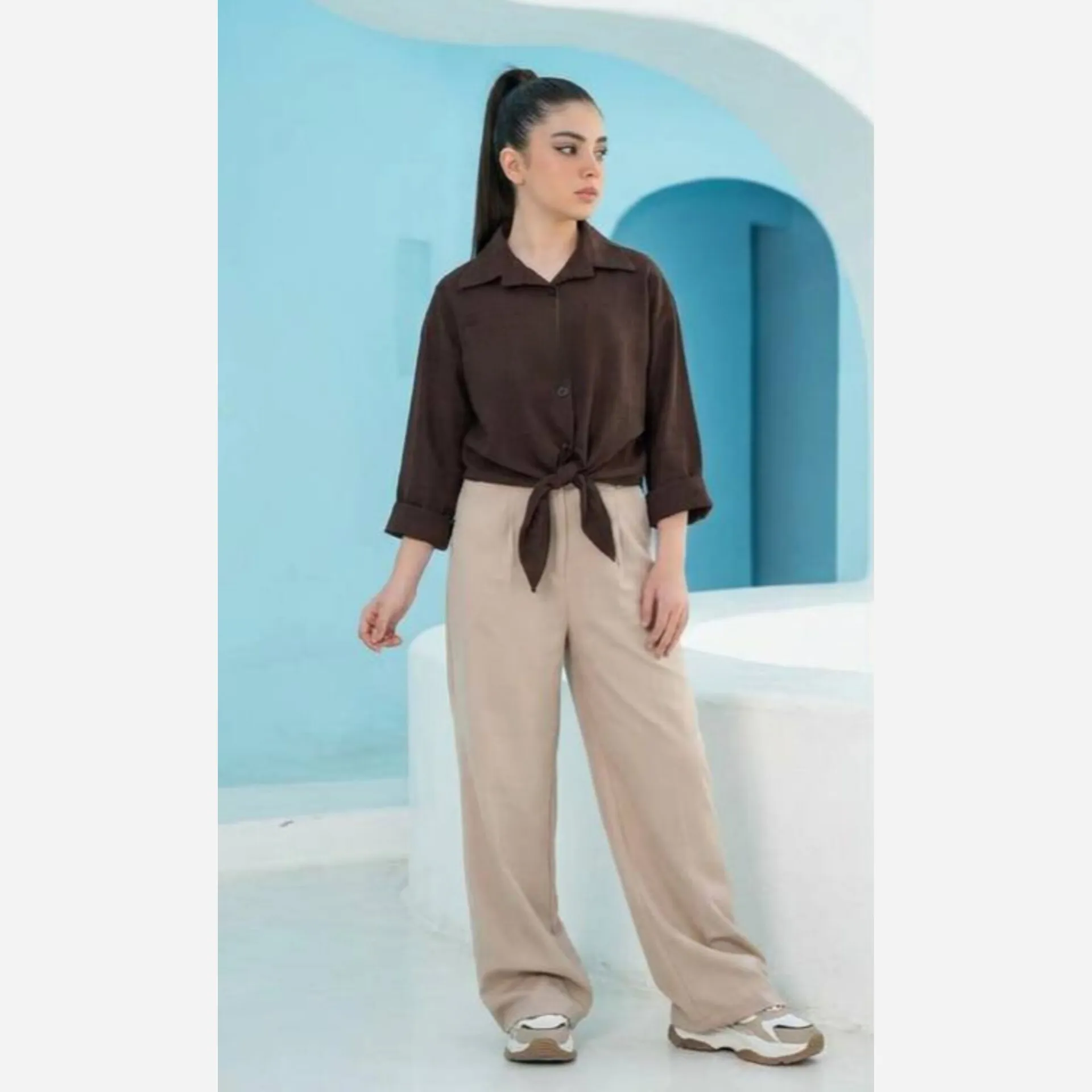 شومیز کراپ گره ای دخترانه لینن ترک