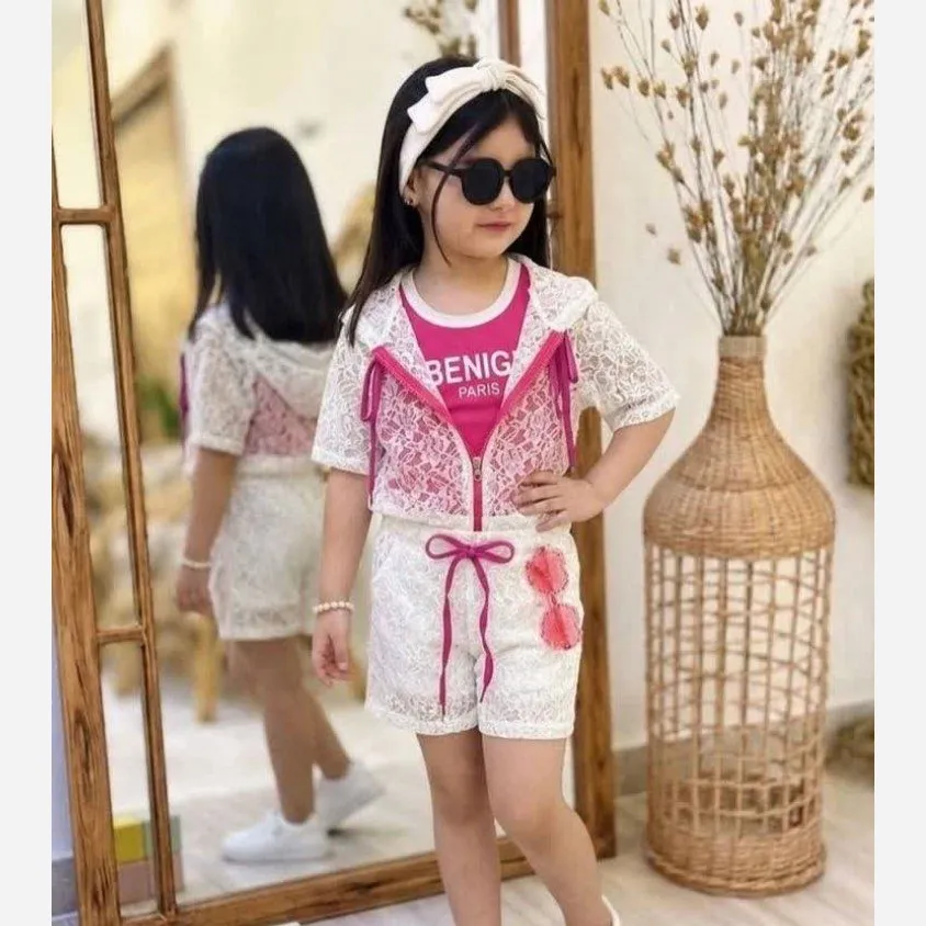 ست دخترانه سه تکه تاپ رویه تور و شلوارک مناسب 2 تا 9 سال