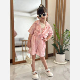 ست سه تکه دخترانه شومیز، تاپ و شلوارک حریر و پنبه کبریتی سایز 45 تا 55