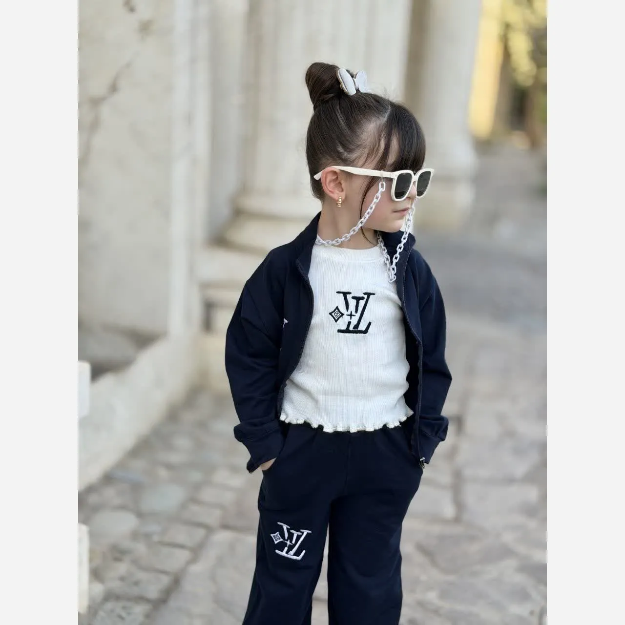 ست سه تیکه دخترانه باوان مناسب 4 تا 8 سال جنس دو نخ ملانژ و فنریپ نخ پنبه