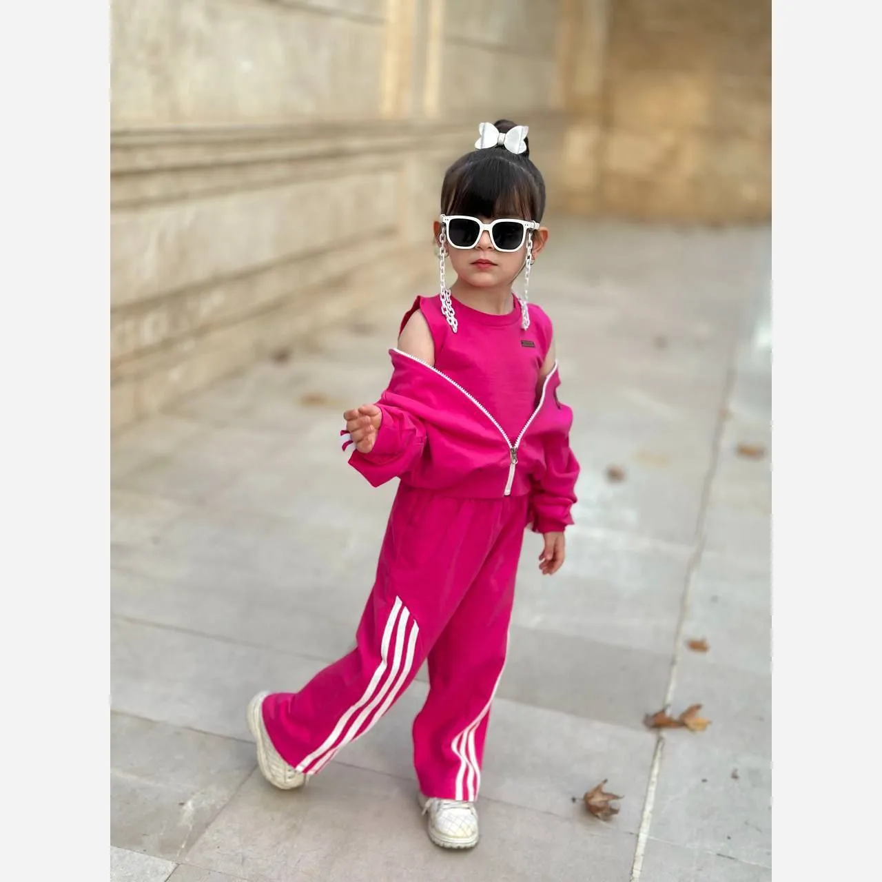 ست سه تیکه دخترانه صورتی سویشرت شلوار و تاپ دورس پنبه سایز 2 تا 12 سال