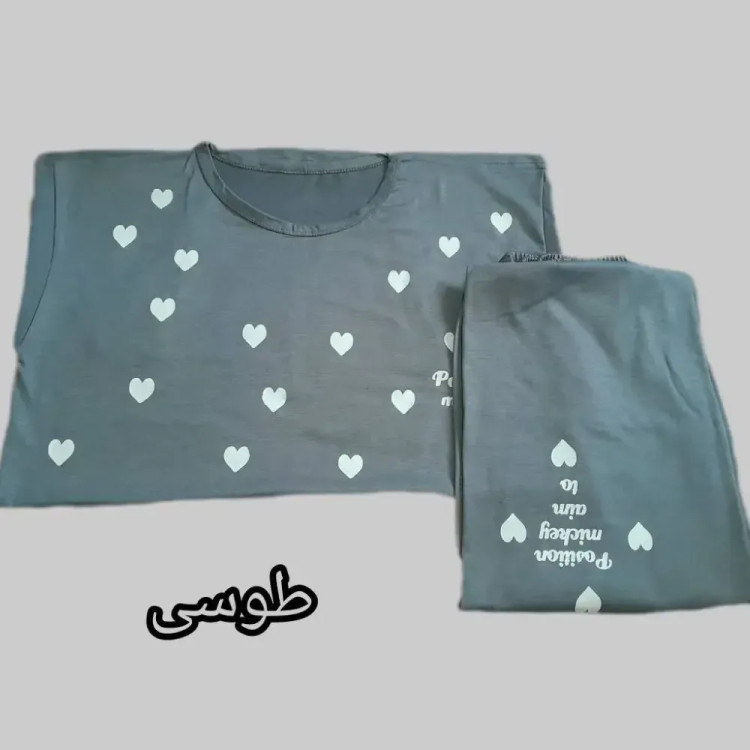 ست تیشرت و شلوار زنانه راحتی طرح قلب نخ ویسکوز سایز 38 تا 48