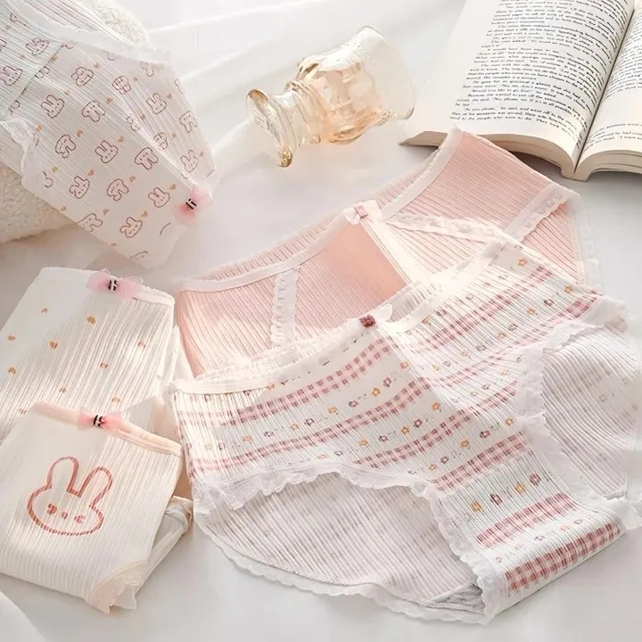 شورت زنانه عروسکی کبریتی نخی صورتی طرح خرگوش پک پنج تایی سایز ایکس لارج