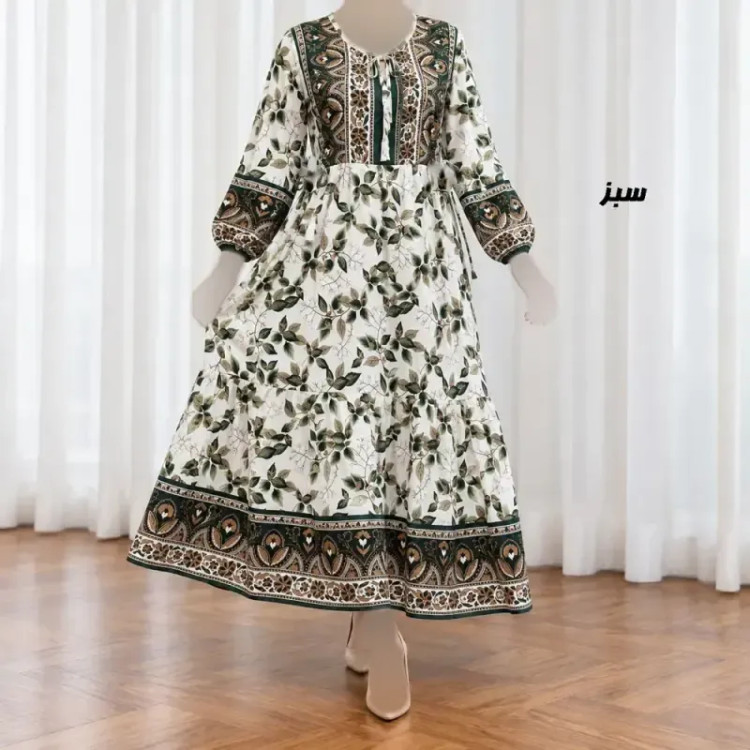 پیراهن ساحلی زنانه حاشیه دار برگ فری سایز نخی کمربنددار