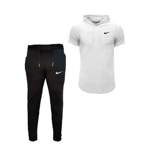 ست تی شرت و شلوار مردانه مدل nie پنبه یکرو نخ آستین کوتاه کلاه دار