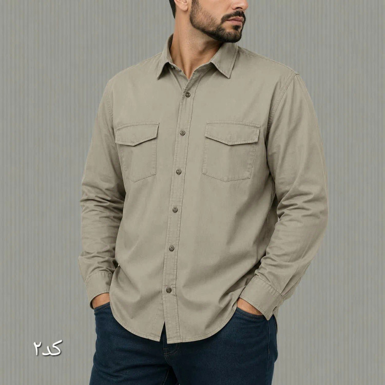 پیراهن کتان مردانه دو جیب آستین بلند قواره آزاد