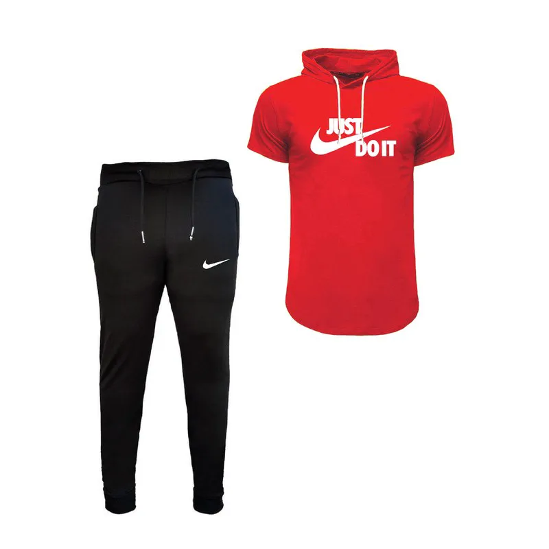 ست تی شرت و شلوار مردانه مدل jus پنبه یکرو نخ آستین کوتاه کلاه دار