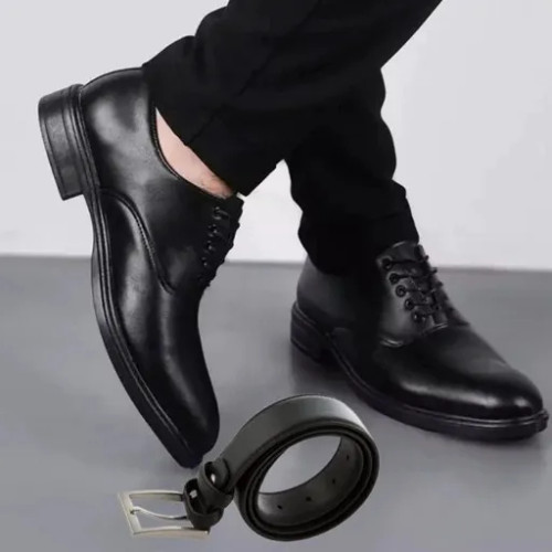 ست مردانه کفش بندی کلاسیک رویال و کمربند چرم صنعتی نیک مشکی